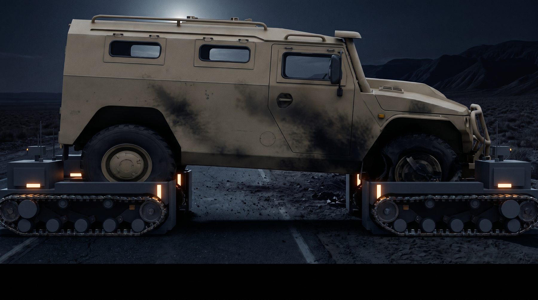 Sentinel Recovery Swarm concept — disabled vehicle carried on tracked units